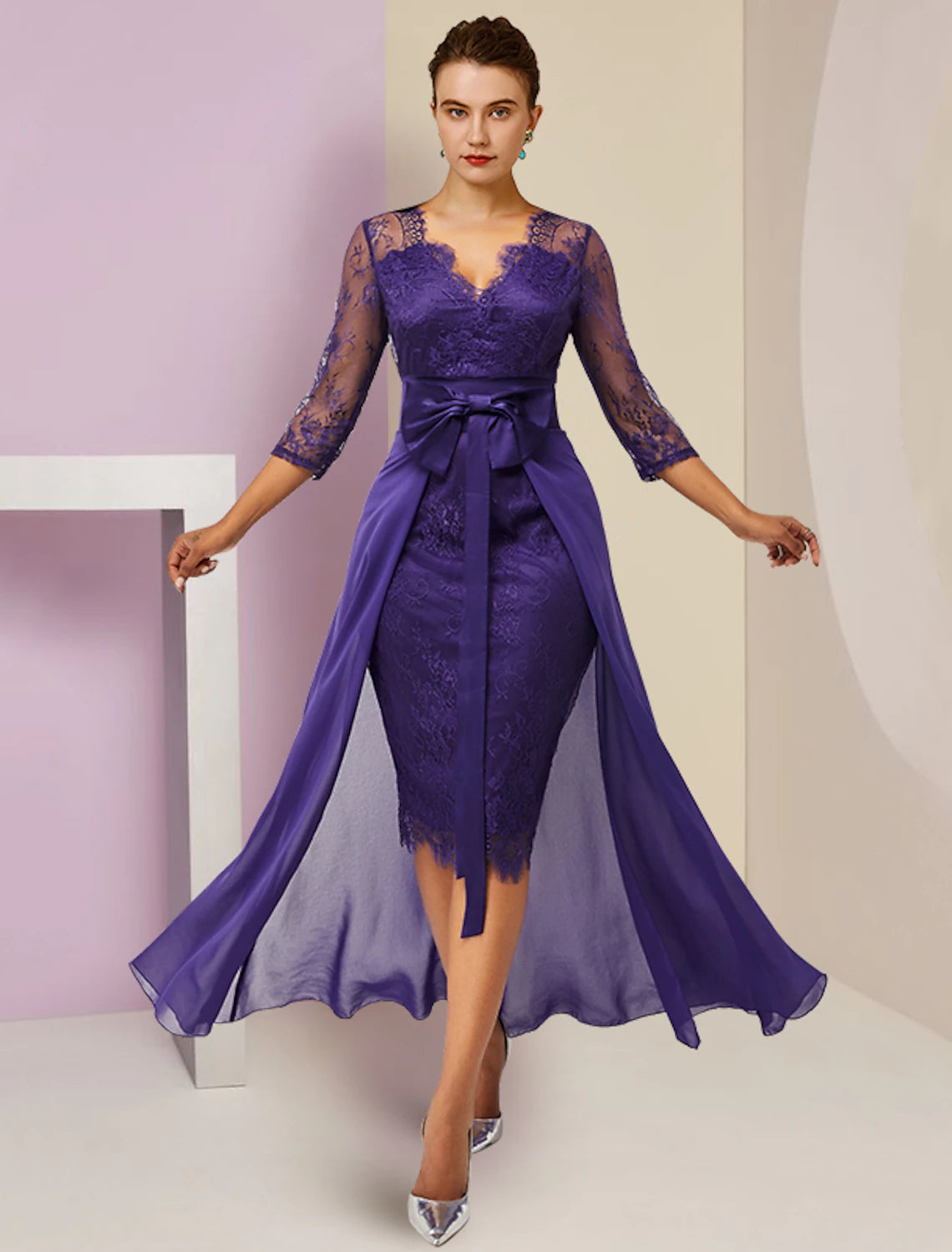 Wholesale  Two Piece Sheath / Column Mother of the Bride Dress Formal Fall Wedding Guest Elegant detachable V Neck Knee Length Chiffon Lace 3/4 Length Sleeve with Bow(s)